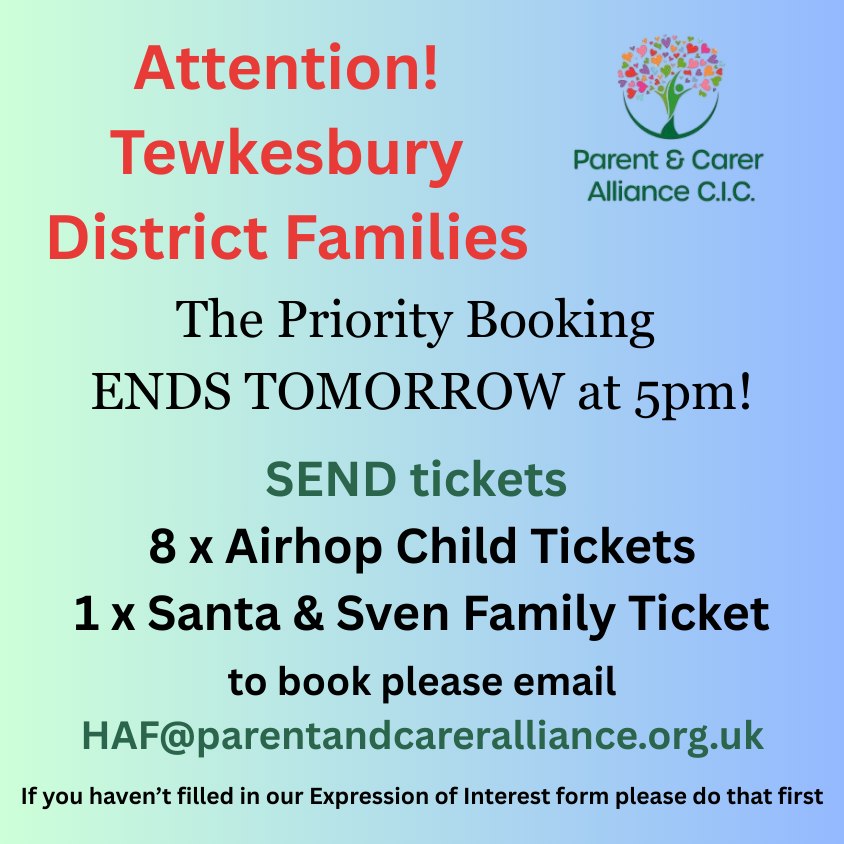 Last Chance to Book with Priority Booking!
Please note we can only book children with Special Educational Needs and Disabilities. If it is a Family Ticket then siblings will be booked on as well.
If you need to fill in an Expression of Interest Form with us please do that first, you can find the form here.
https://www.parentandcareralliance.org.uk/haf-eoi-form
To look at events look here https://familyhubs.gloucestershire.gov.uk/events-haf
#Send #parentandcareralliance #HAF