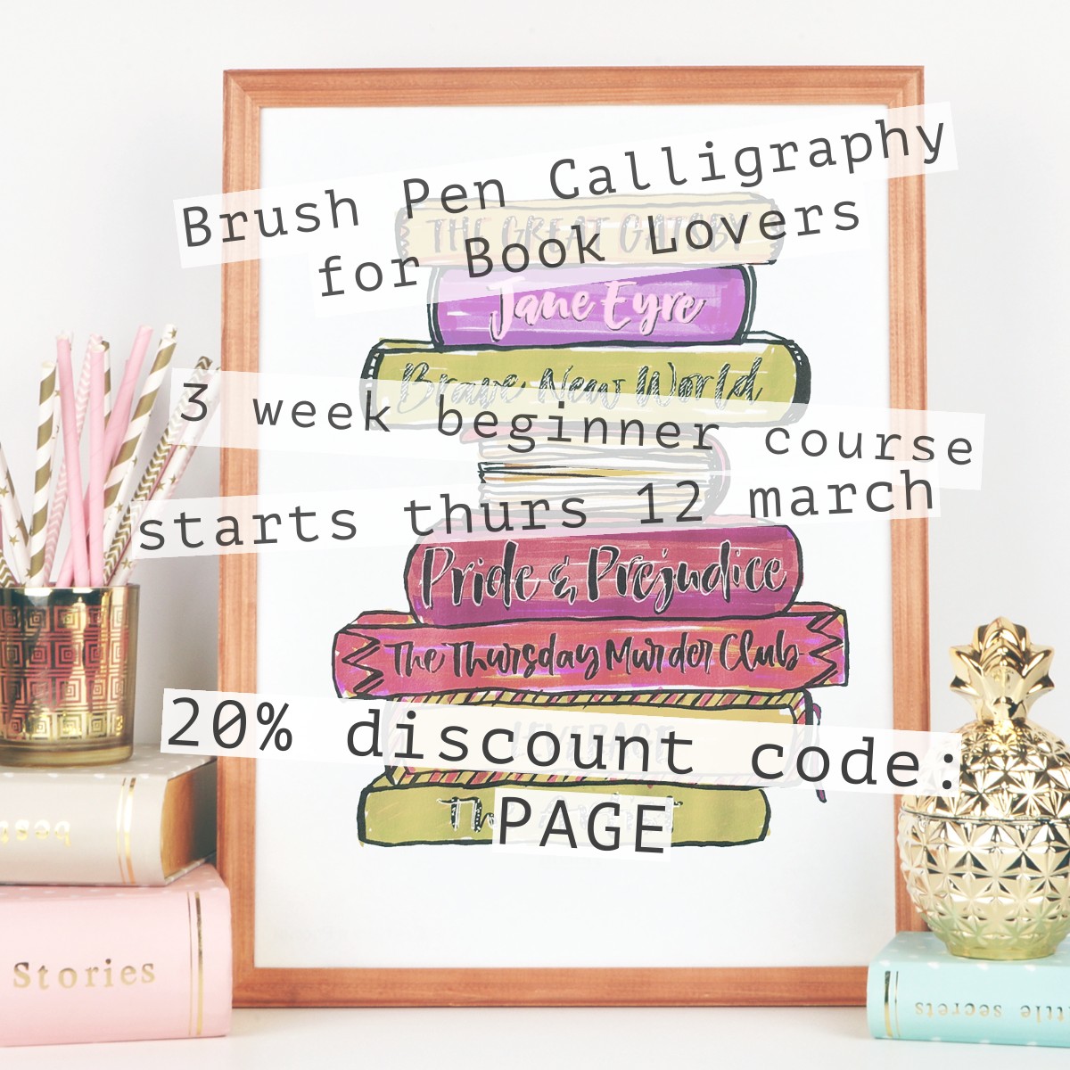 New course alert
This brand new course is now live with 20% off for Twixmas.
This 3-week online brush pen course is for anyone who loves books and colourful creativity. Over three relaxed sessions, you’ll turn favourite book titles, author names and meaningful quotes into expressive lettering and artwork, inspired by the stories you treasure.
Each week you’ll complete a finished piece while building skills in:
– expressive brush lettering
– colour blending and palettes
– illustrated details
– combining lettering and simple artwork
– creating book-themed pieces and bookmarks
Starts 12 March
20% off with code PAGE
Code ends midnight, 31 December
A lovely one to book now and enjoy looking forward to in the new year
#Bookworm #brushpencalligraphy #calligraphy2026