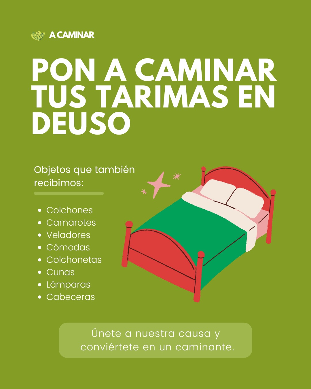 ¿Y si esa tarima que ya no usas pudiera ayudar a transformar espacios? ☺️✨
En A Caminar, canalizamos objetos como tarimas en desuso para darles una nueva vida. Algunas se convierten en mobiliario, otras en apoyo logístico para nuestras acciones sociales.
No es solo madera: es la base sobre la que seguimos construyendo ayuda. Ponla a caminar 💚 📩 Escríbenos por DM o haz clic en el link de nuestra bio para coordinar tu recolección.